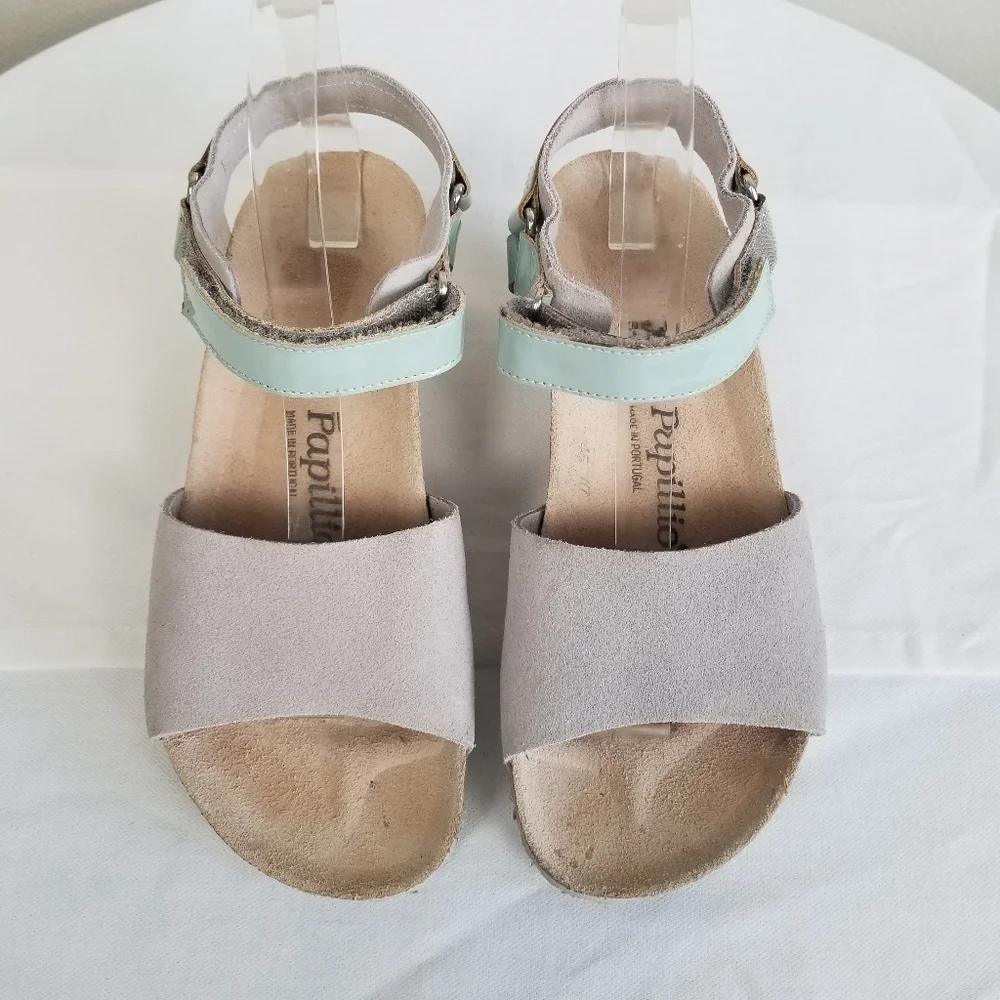 Papillio By Birkenstock Eve Wedge Suede Sandal in Blue Grey Size 7-7.5 Narrow